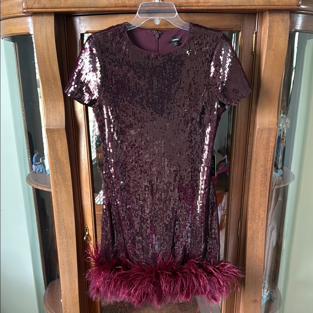 Express Burgundy Sequin Dress with Feather Hem